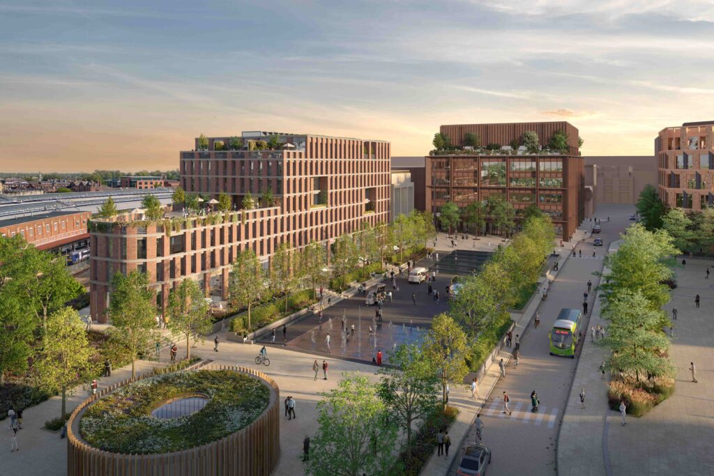 CGI rendering of York government hub and local area Urban with modern buildings, greenery, and a fountain at sunset. Trees line pathways and people walking.
